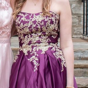 strapless purple prom dress